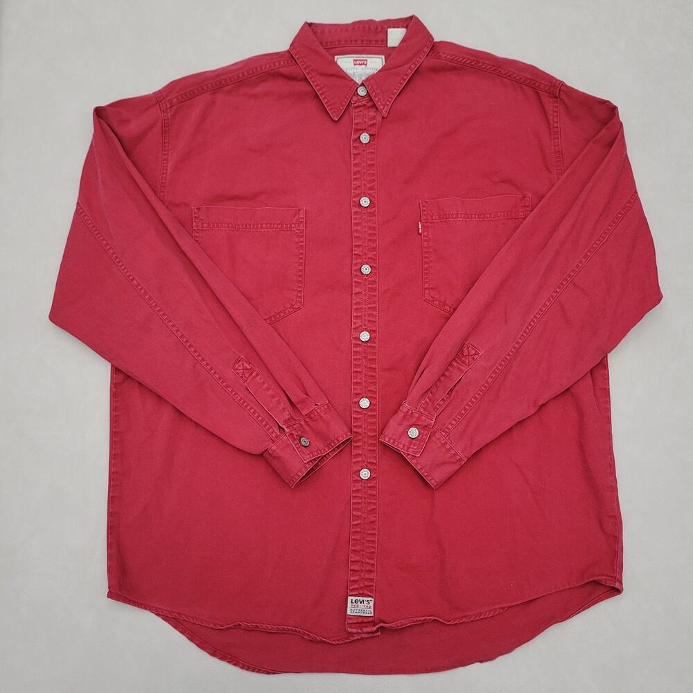 Levi Mens Red Long Sleeve 90s Vintage Metal Button Shirt Size XL 100% Cotton